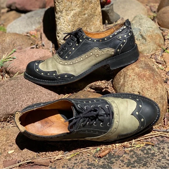 John Fluevog Adrians Amanda Saddle Shoe Loafer Leather Size 8 Womens Black Khaki - Picture 13 of 16